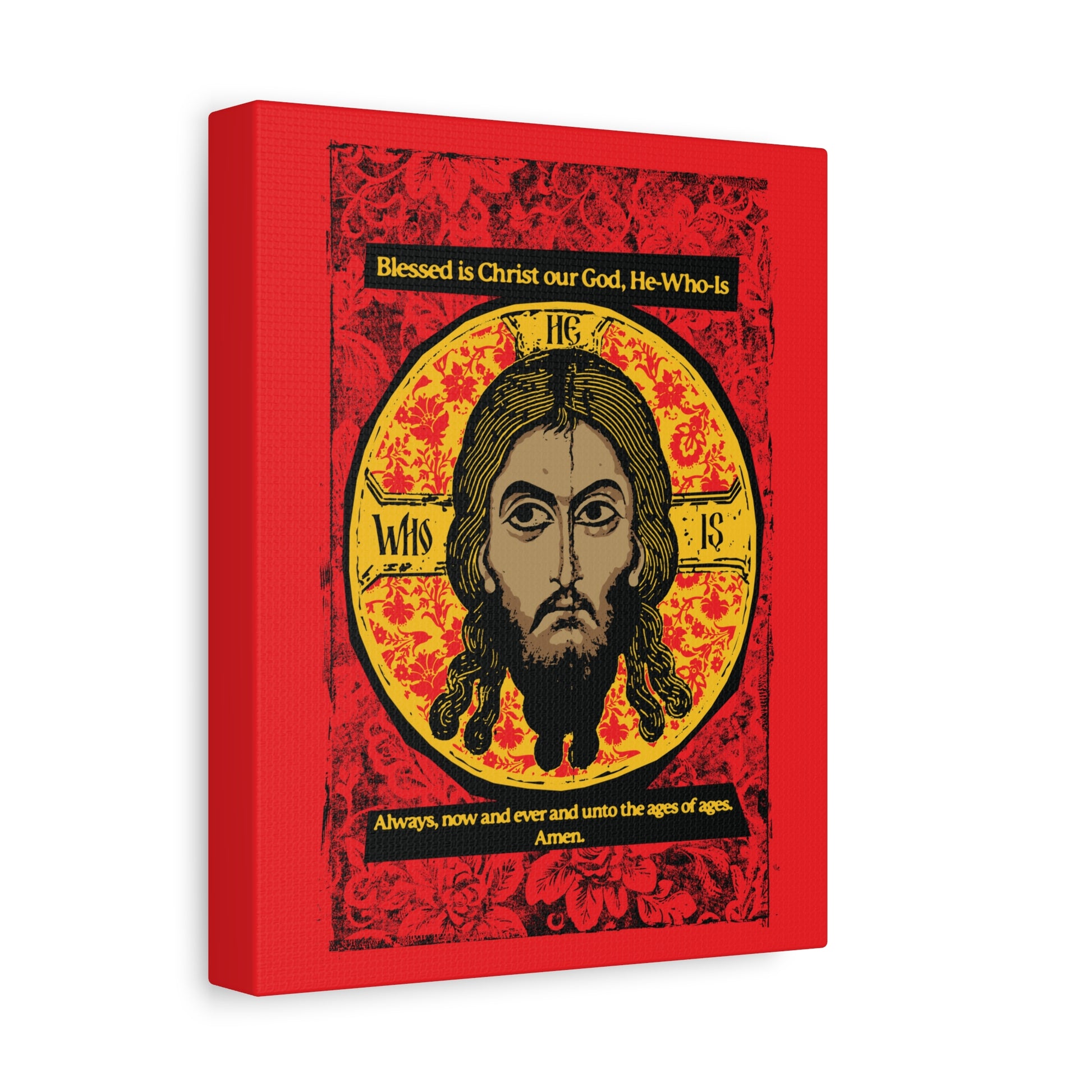 The Remembrance of Death “Made Without Hands (Mandylion/Image of Edessa)” canvas features Christ’s face in a red, black, and yellow Orthodox icon design with the Troparion Tone 2 hymn: Blessed is Christ our God... Always, now and ever and unto ages of ages. Amen.