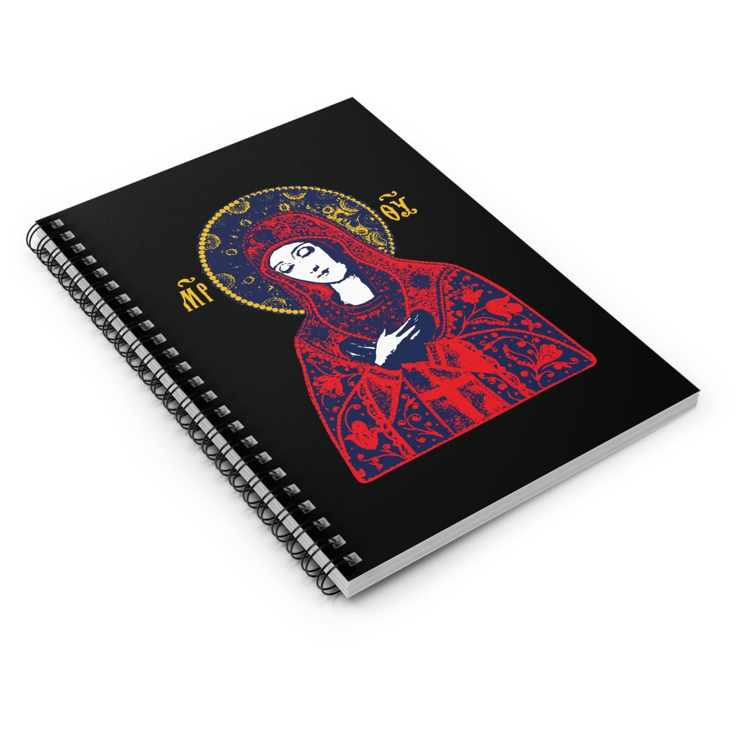 Spiral notebook featuring the Joy of All Joys Tenderness Theotokos, based on traditional Orthodox iconography with a red design. Christian spiral notebook.