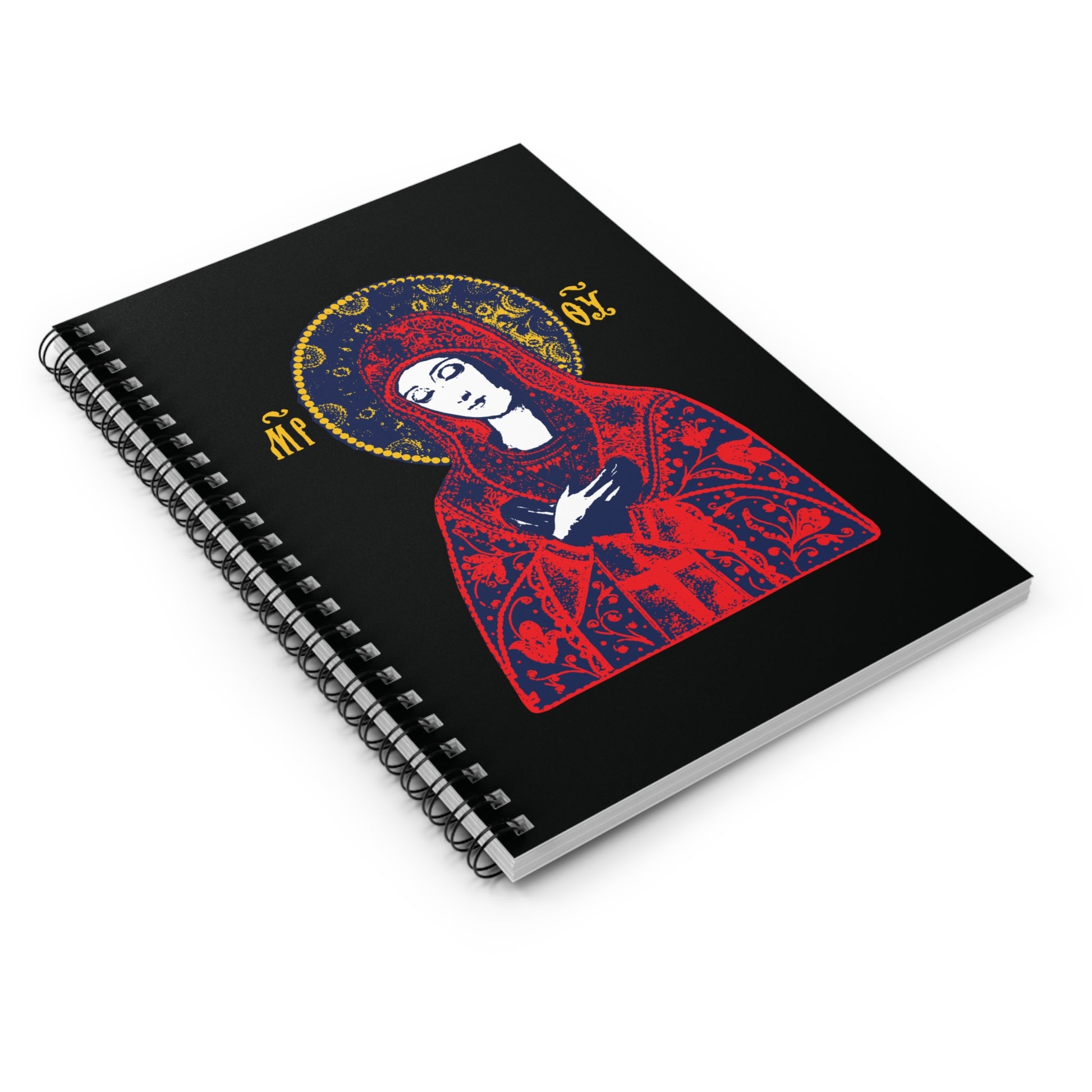 Spiral notebook featuring the Joy of All Joys Tenderness Theotokos, based on traditional Orthodox iconography with a red design. Christian spiral notebook.
