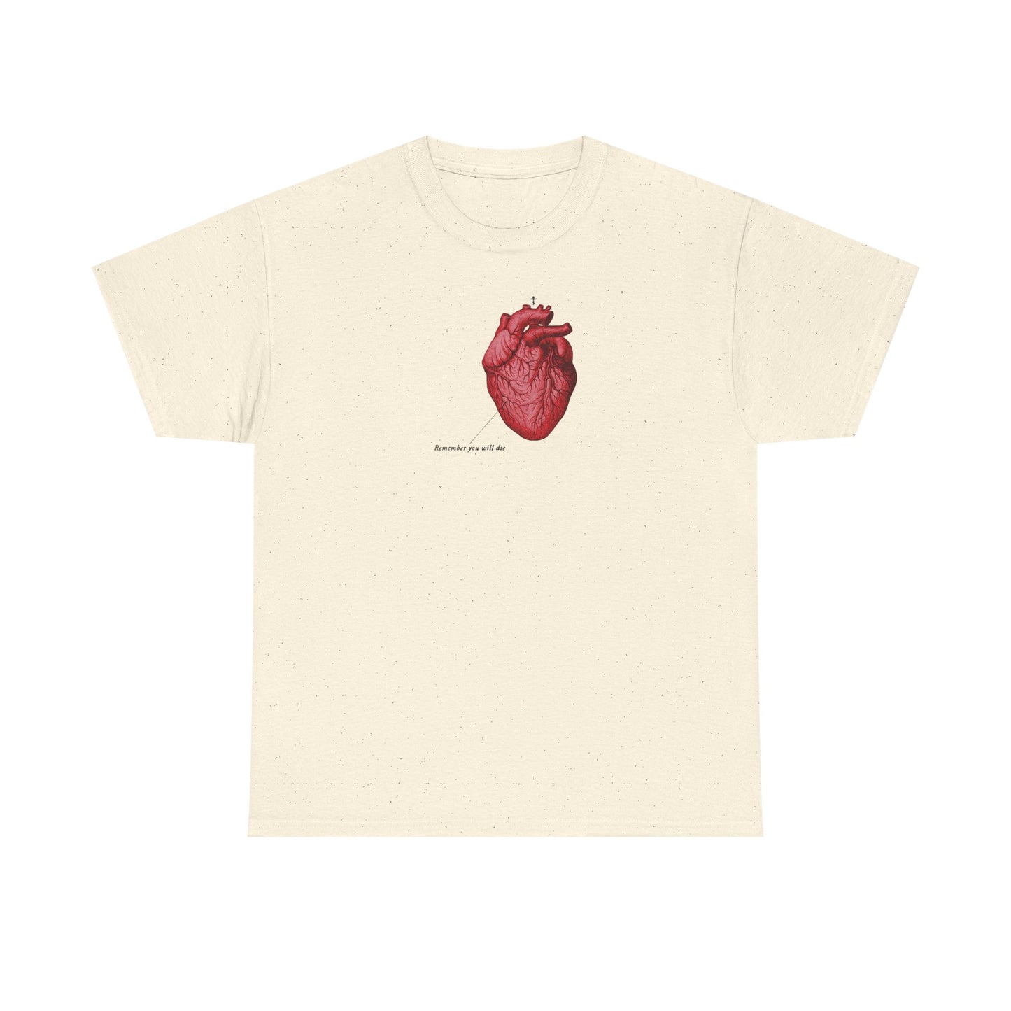 Natural heavy cotton t-shirt featuring a retro medical heart graphic, Orthodox cross, and memento mori themes with "Remember You Will Die"—a Christian design reminding it's later than you think.