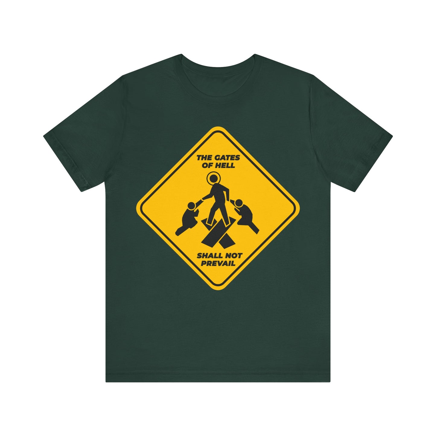 Gates of Hell Shall Not Prevail | Yellow Street Sign Minimalist Pascha Icon | Trampling Down Death By Death | Lightweight Cotton Unisex Tee