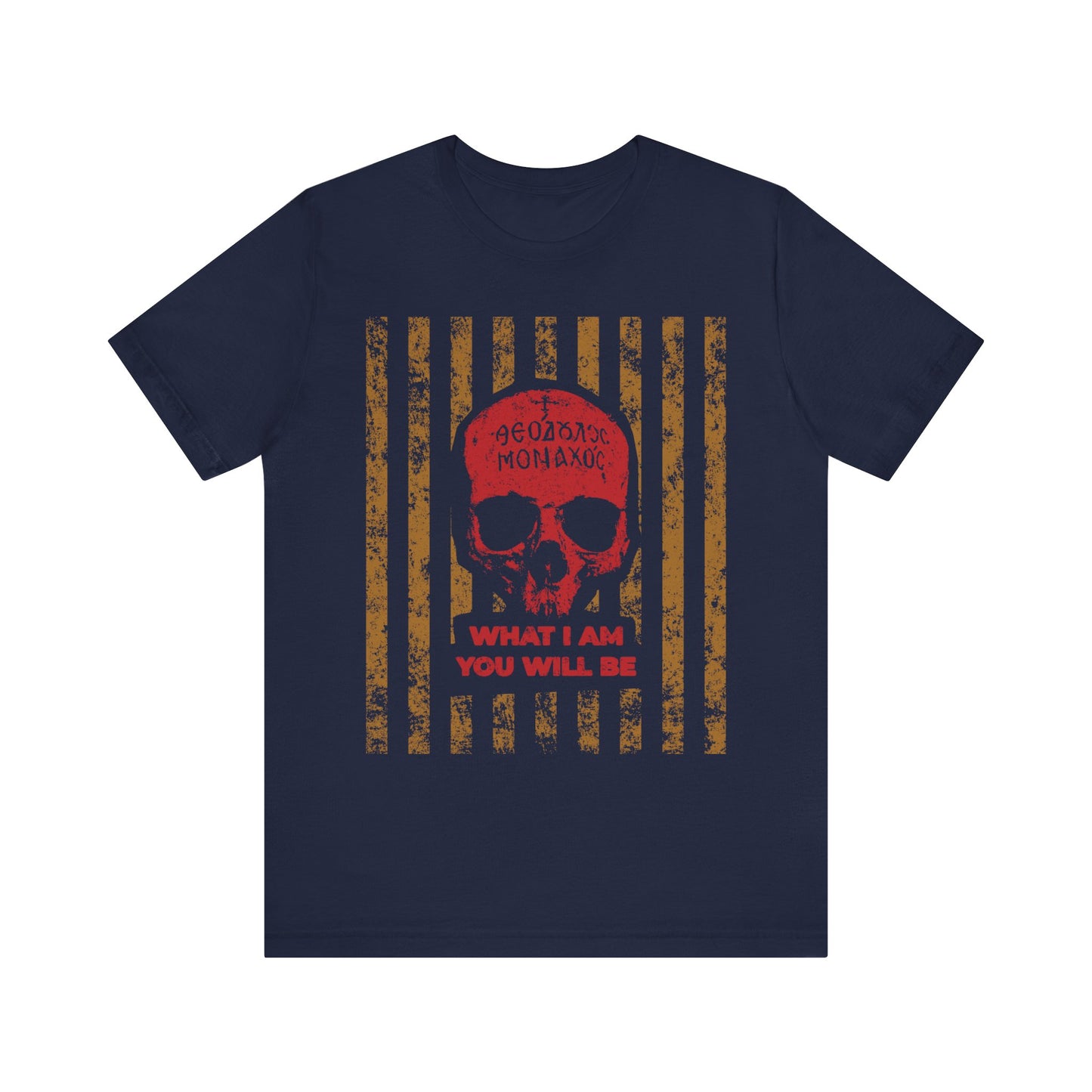 Show your respect for the ascetic ethos and remembrance of death with this navy lightweight cotton unisex t-shirt, featuring a red Mt. Athos monk skull, Greek text, and "WHAT I AM YOU WILL BE" over bold orange vertical stripes—a design inspired by memento mori and the teachings of St. Ignatius Brianchaninov.