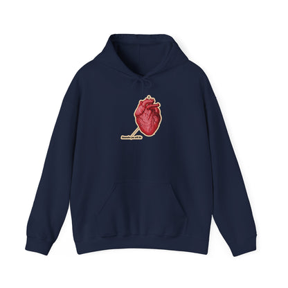 Navy "Remember You Will Die" Christian hoodie features a retro medical heart design with Orthodox cross and the phrase "Memento Mori – It's Later Than You Think"; a subtle reminder of repentance and God's mercy.