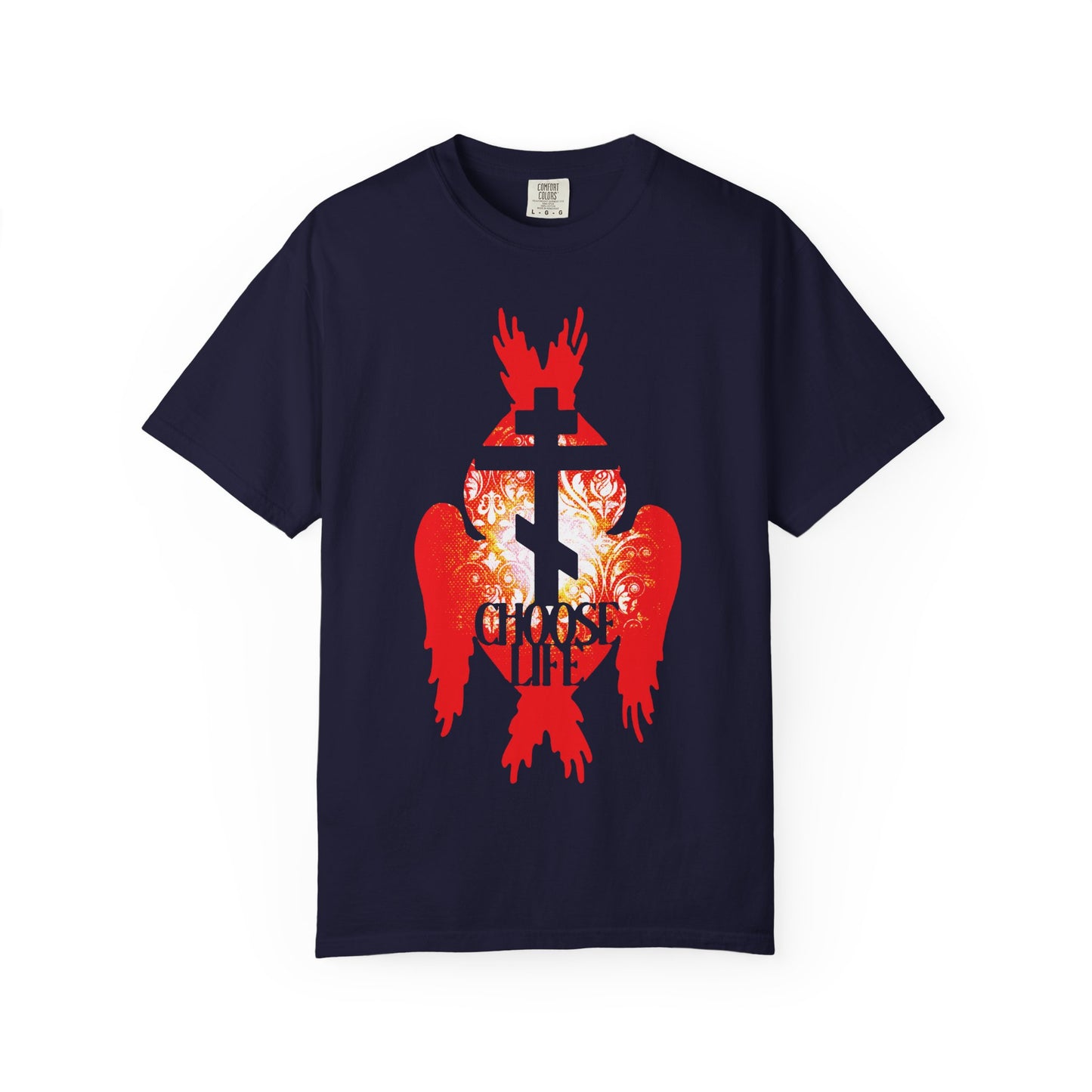 True Navy heavyweight cotton tee featuring an Orthodox cross, fiery seraphim angel wings, and the words “Choose Life”—a powerful reminder to walk the narrow path between eternal grief and everlasting joy.