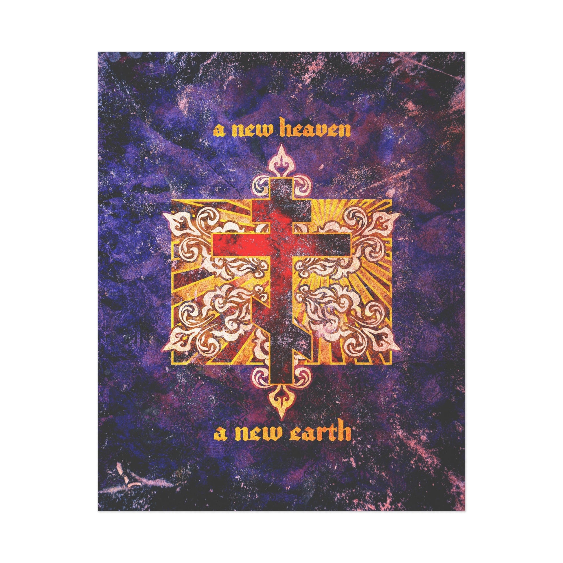 A New Heaven/A New Earth Orthodox Christian Art Poster: Features a red Orthodox cross on an ornate textured background, inspired by apocalyptic themes and the holy city of New Jerusalem.