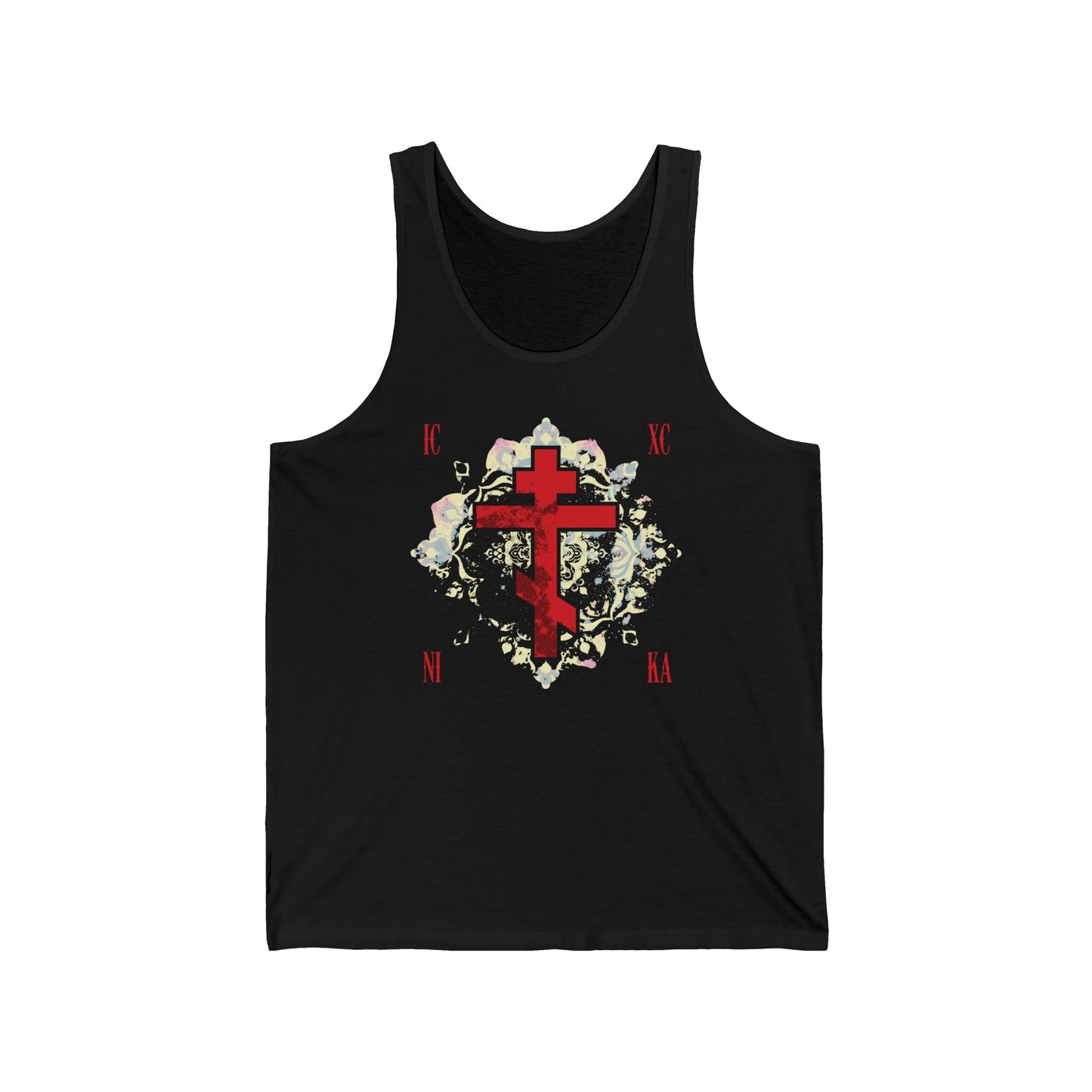 Black tank top featuring a textured red Orthodox cross, medieval floral background, and Greek letters—this "ICXC NIKA Means Jesus Christ Conquers" design celebrates Orthodox faith and overcoming sufferings for Christ.