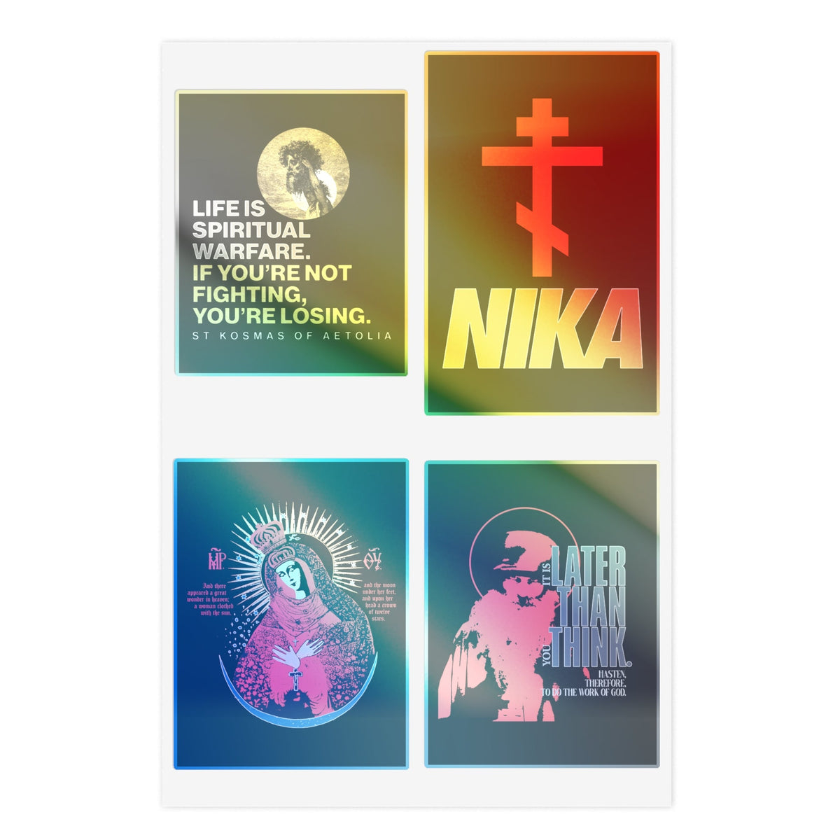 Bestseller Orthodox Sticker Mix No. 5: four vibrant designs with symbols, text, and an Orthodox NIKA Cross.