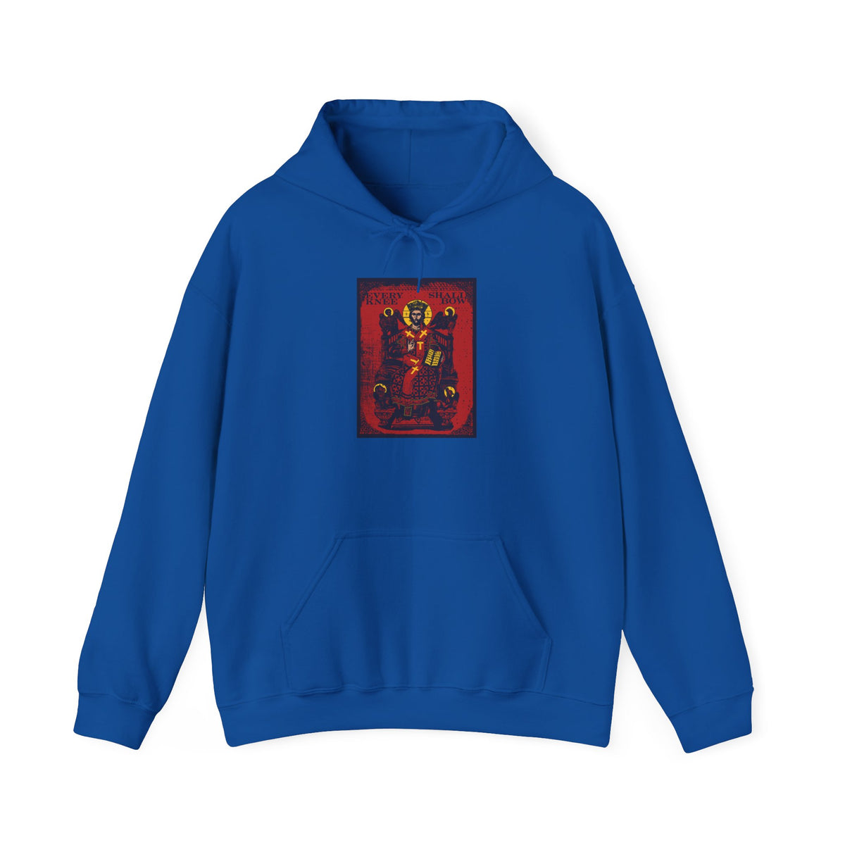 Royal hoodie featuring a striking red rectangular graphic of Christ enthroned, inspired by the 4 Living Creatures from Ezekiel’s Chariot, and emblazoned with the bold message “every knee shall bow” from Philippians 2:8-11 and Isaiah 45:23—powerfully declaring that Jesus Christ is Lord.