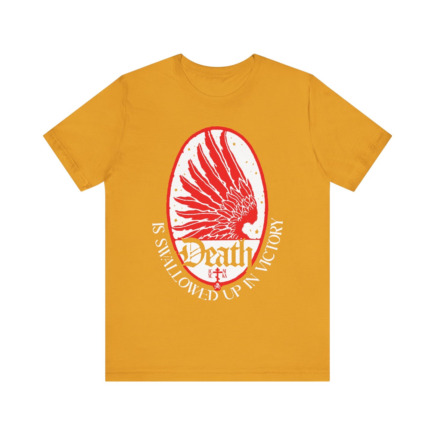 Mustard unisex tee featuring an Art Nouveau eagle wing, stars, and the text “Death is Swallowed Up In Victory (1 Cor 15:54),” symbolizing immortality. Lightweight cotton, Orthodox Christian design.