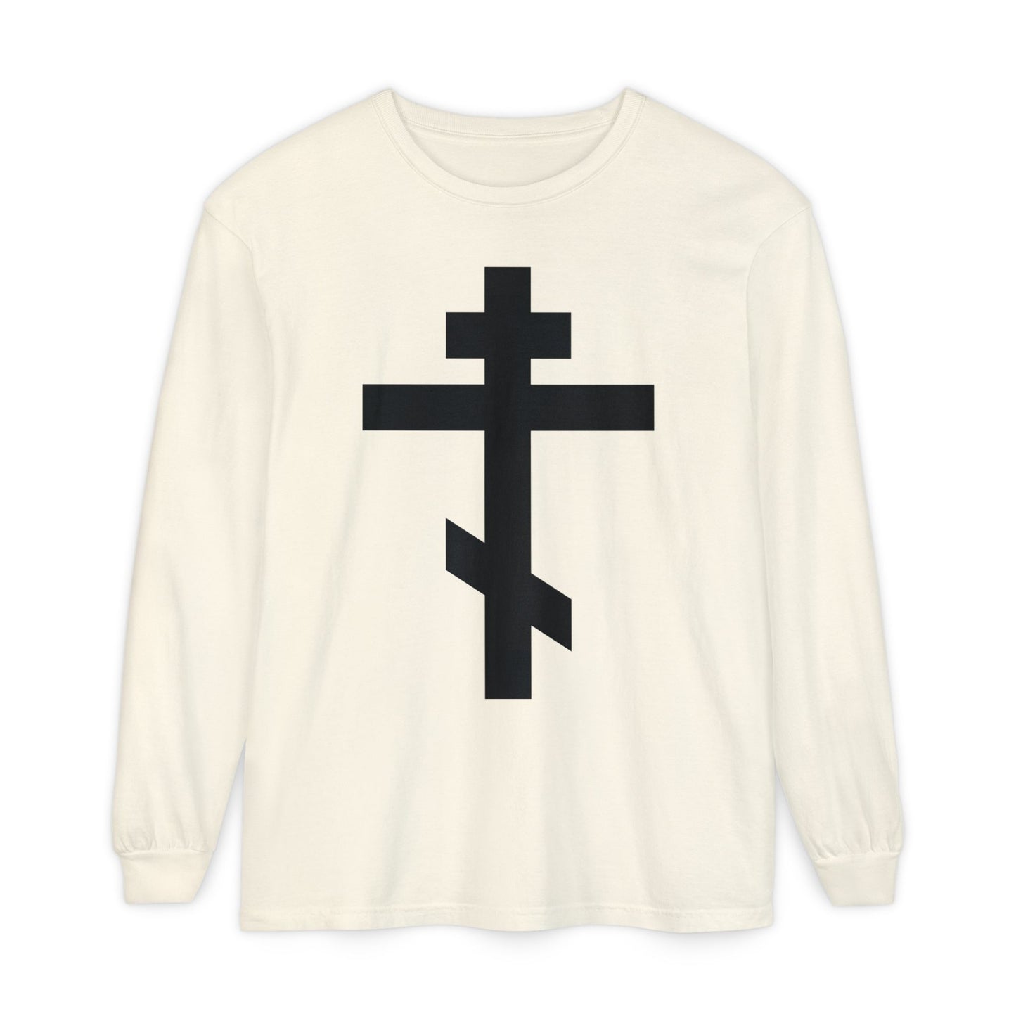 Ivory long-sleeve shirt featuring a large black Orthodox cross and the quote "May I never boast, except in the cross of our Lord Jesus Christ" (Gal 6:14), inspired by St John Chrysostom.