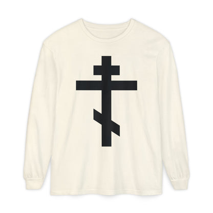 Ivory long-sleeve shirt featuring a large black Orthodox cross and the quote "May I never boast, except in the cross of our Lord Jesus Christ" (Gal 6:14), inspired by St John Chrysostom.