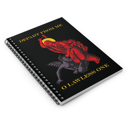 Orthodox spiral notebook featuring St Marina iconography: saint beating the devil with a hammer and the text "Depart from Me O Lawless One." Inspired by the Life of the Great Martyr Marina.