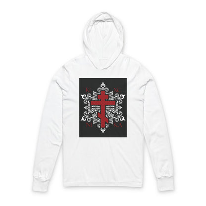 ICXC / NIKA Red Orthodox Cross on Ornate White Medieval Floral Design | Exclusive Best-Selling | Orthodox Long Sleeve Hooded Shirt