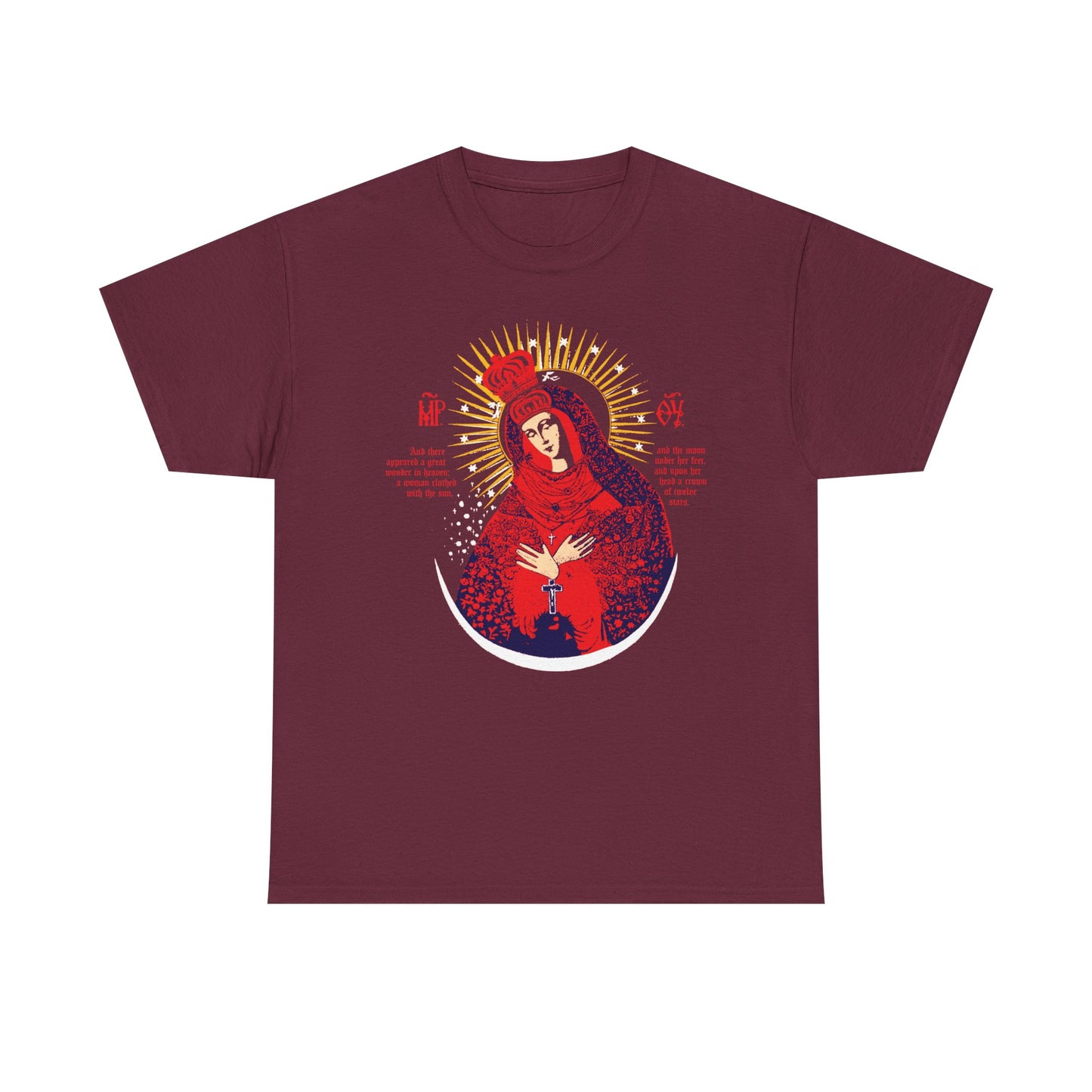 Maroon “Our Lady the Gate of Dawn Icono-Graphic” heavy cotton t-shirt with a red, blue & gold Christian design inspired by Lithuanian Orthodox icons and the Woman of the Apocalypse; features an illustrated crowned figure with halo and golden rays.