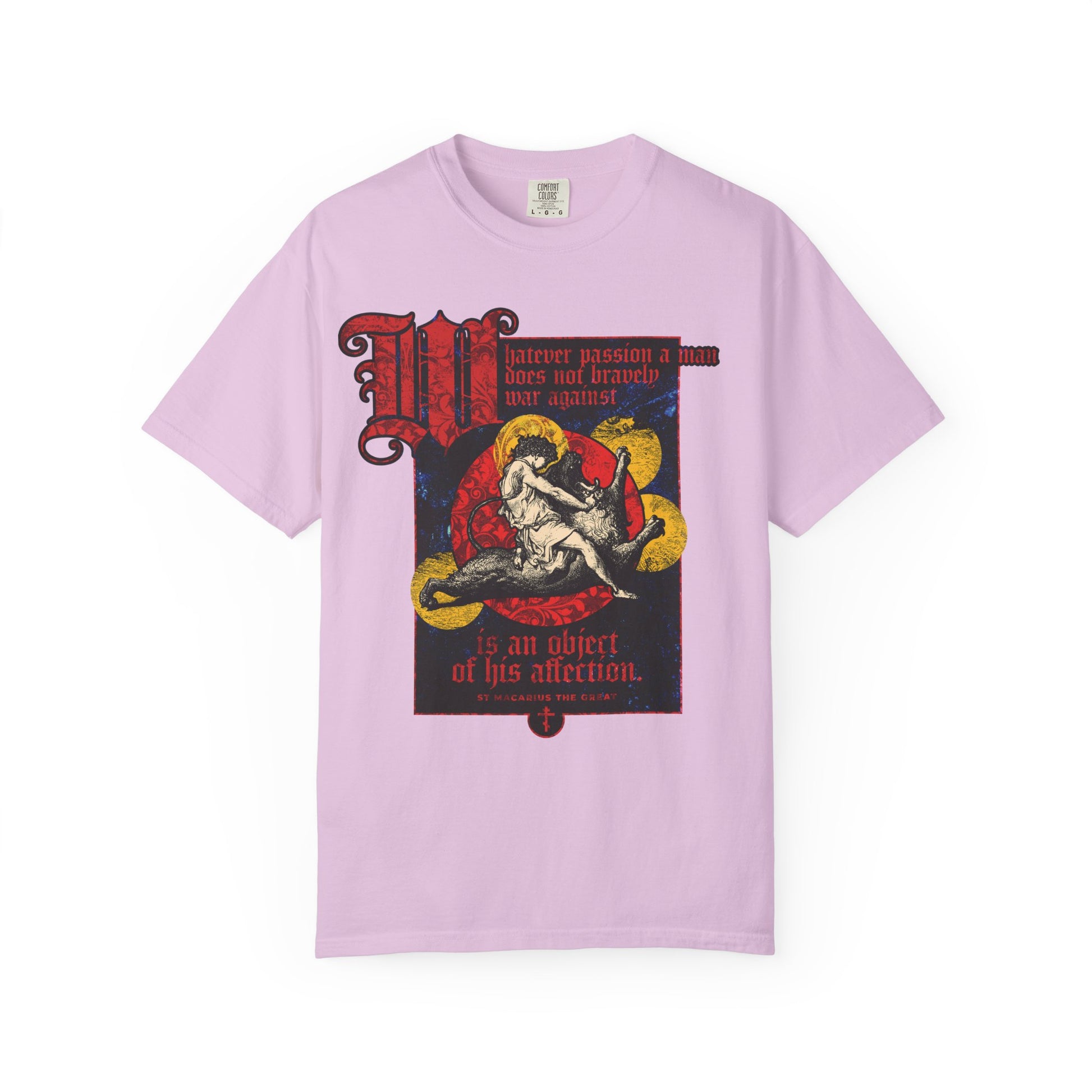 Orchid unisex heavyweight cotton T-shirt featuring Gustav Doré’s “Samson Slaying Lion” and the quote: “Whatever passion a man does not bravely war against becomes an affection for worldly things” — St. Macarius.