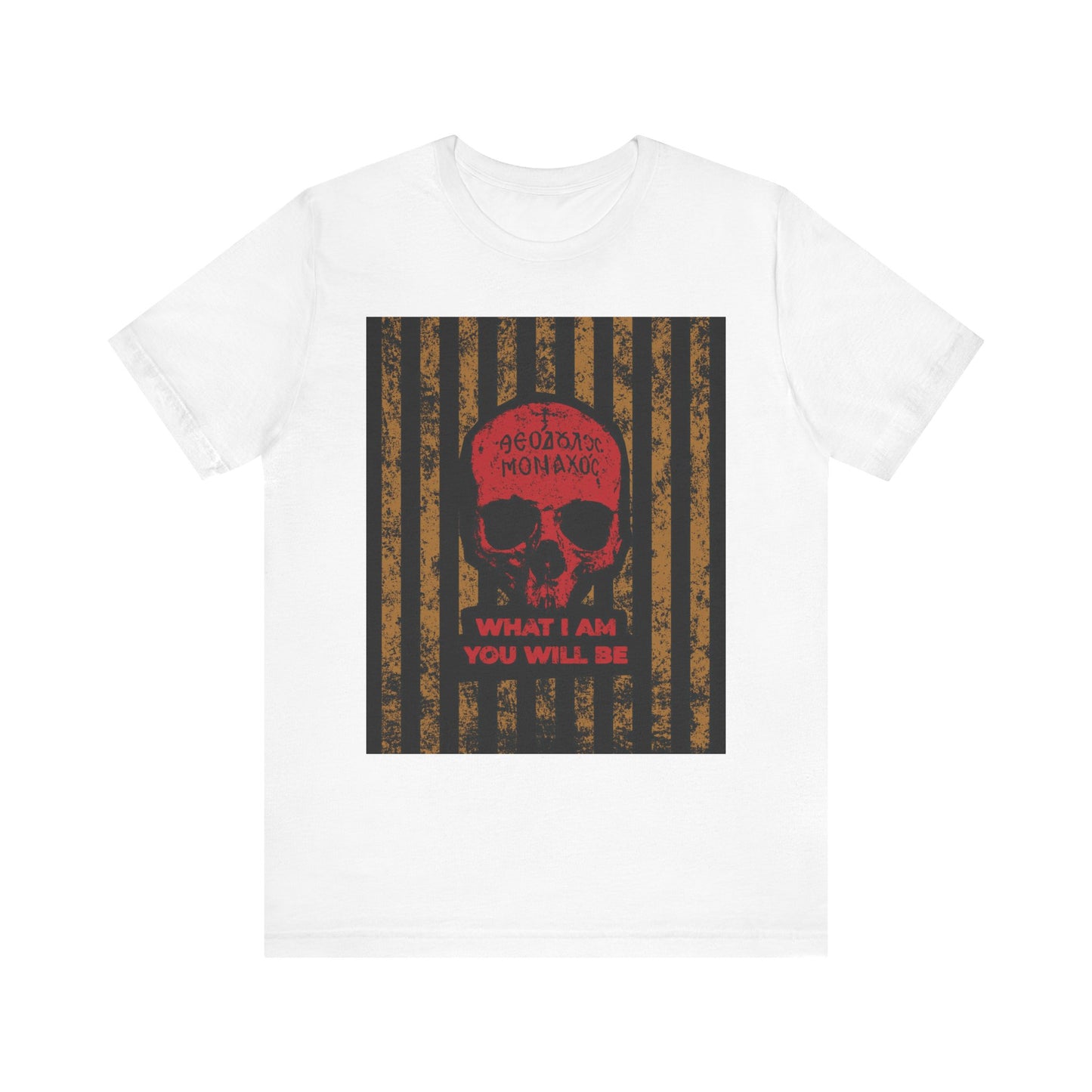 White lightweight cotton unisex T-shirt featuring a red Mt Athos monk skull, Greek text, and the phrase "WHAT I AM YOU WILL BE" over black and gold stripes—drawing inspiration from St. Ignatius Brianchaninov’s teachings on remembrance of death (memento mori) and spiritual mortality, embodying an ascetic ethos.
