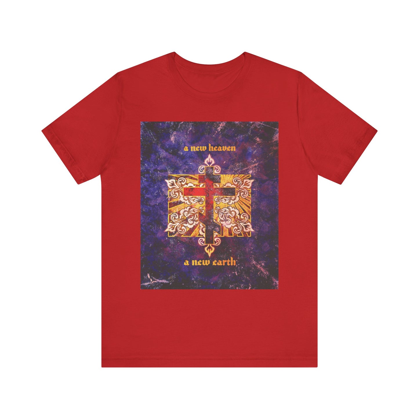 A New Heaven/A New Earth | Red Orthodox Cross on Textured Ornate Background | Apocalyptic | Orthodox Lightweight Cotton Unisex Tee