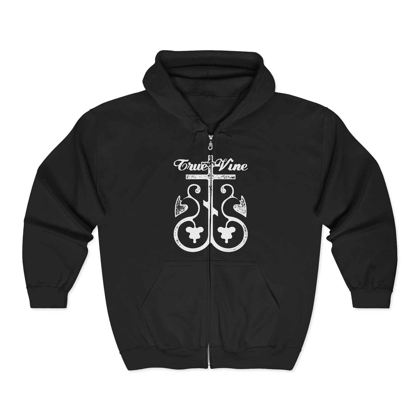 I Am the True Vine FRONT (John 15, Ezekiel 15) | Orthodox Cross with Grape Vine | Photocopy Effect | Orthodox Zipper Hoodie