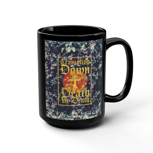 Trampling Down Death By Death | Paschal Floral Design with Gothic Script and Three-Bar Cross | Orthodox Christian Black Mug