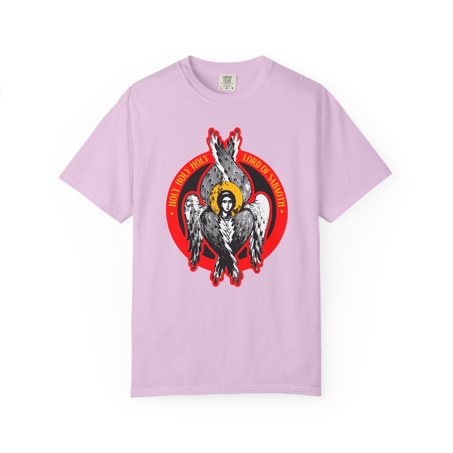 Orchid heavyweight cotton tee featuring a seraphim angel graphic and a red circle reading "Holy Holy Holy Lord of Sabaoth," inspired by Isaiah 6. Unisex fit.