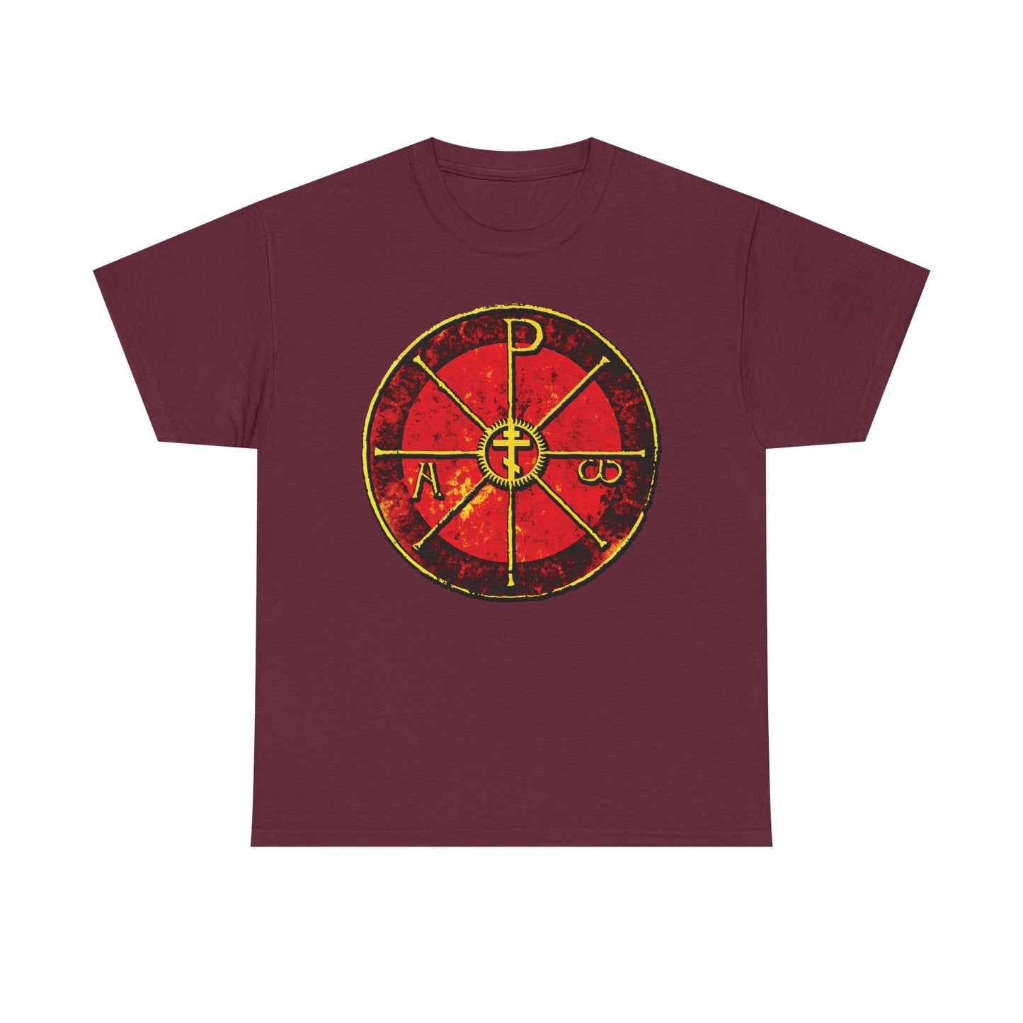 Maroon midweight cotton t-shirt featuring a worn red and yellow circular Alpha & Omega Chi Rho Orthodox Cross, inspired by the ancient Christogram of Saint Ambrose in the Cathedral of Milan.