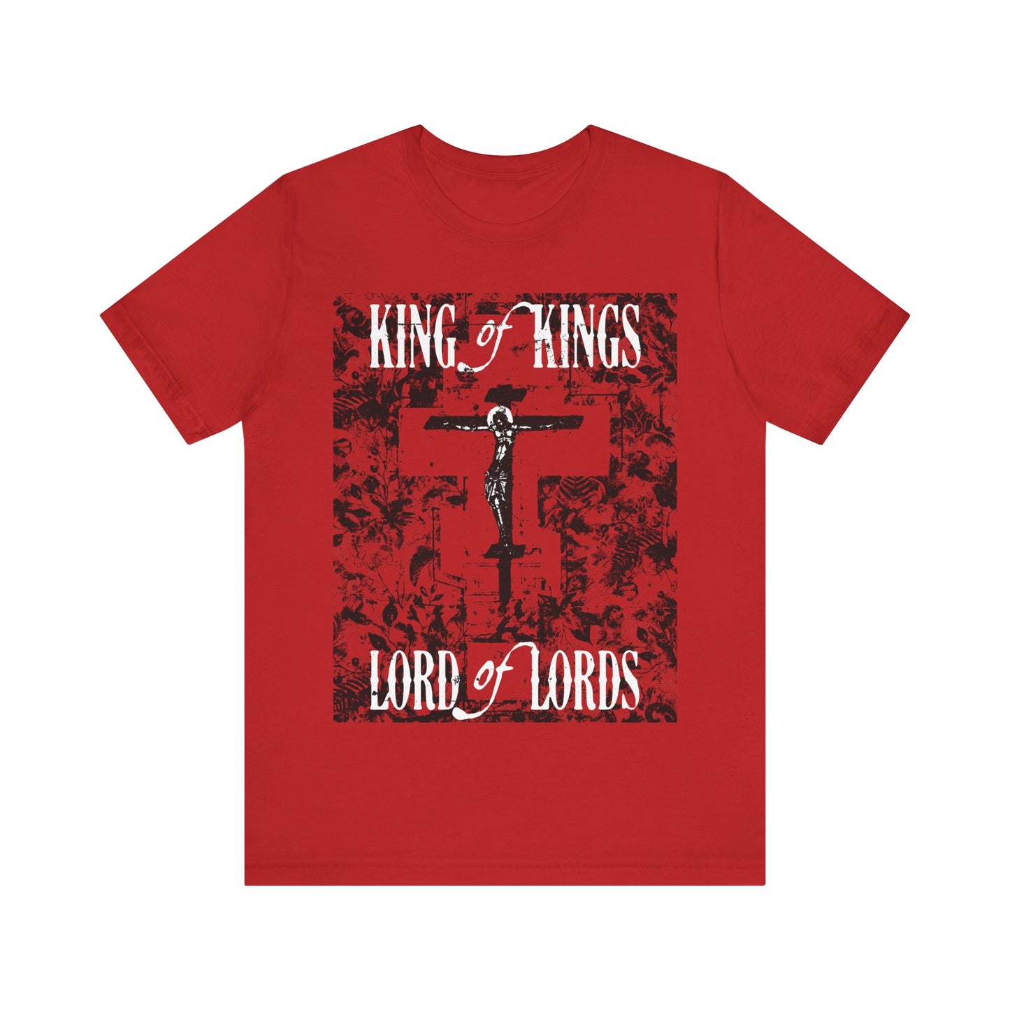 King of Kings, Lord of Lords | Christ Crucified Icono-Graphic | Red Cross Nature Texture w/ White Text | Christian Cotton T-Shirt