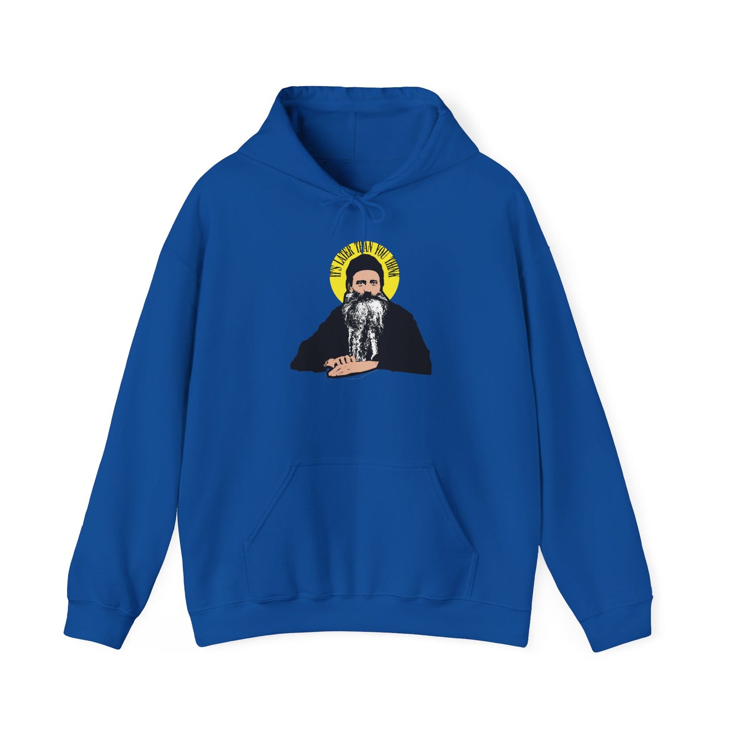 Royal hoodie titled “It’s Later Than You Think” featuring a graphic of Fr Seraphim Rose—a modern American Orthodox Christian saint with a bearded face and yellow halo, along with quote text on the chest—channeling the presence of fearsome angels.