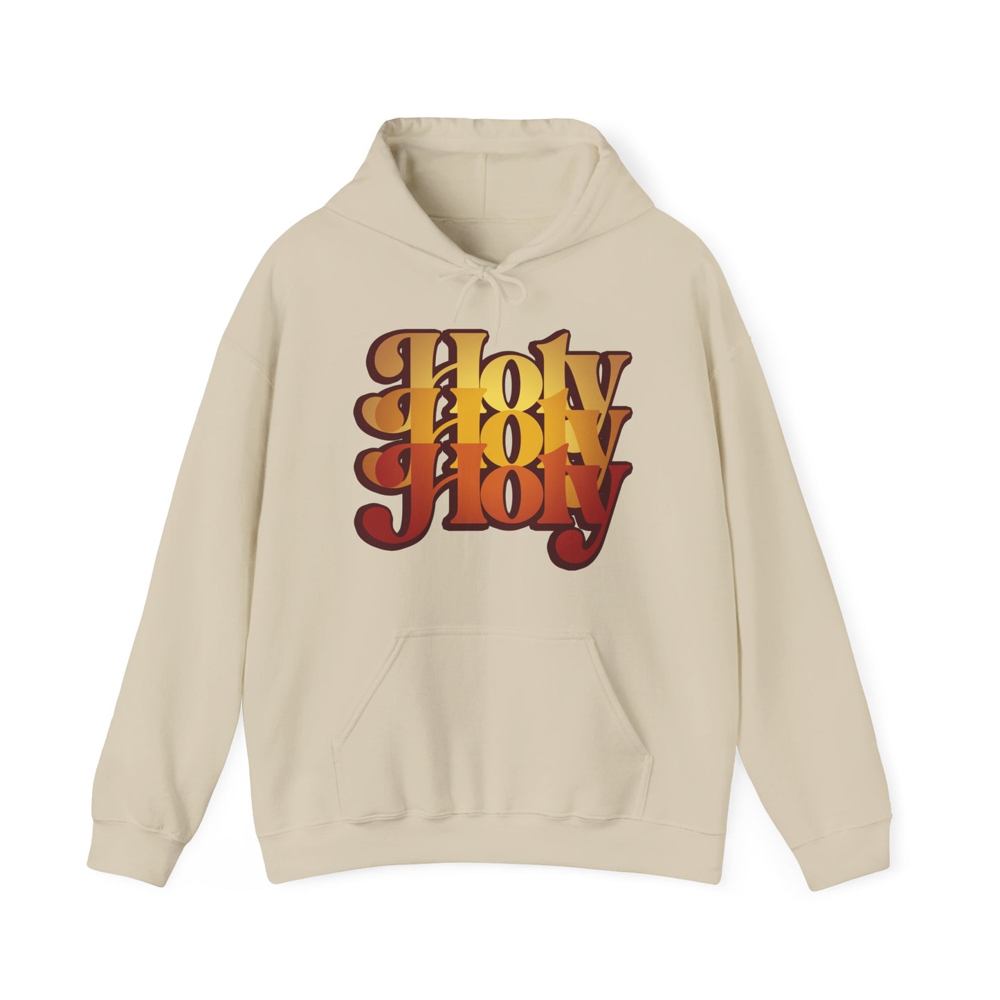 Sand-colored hoodie featuring bold red and yellow "Holy Holy Holy" text inspired by Isaiah 6:1-3; 70s retro Trisagion liturgical prayer design for Orthodox Christians.