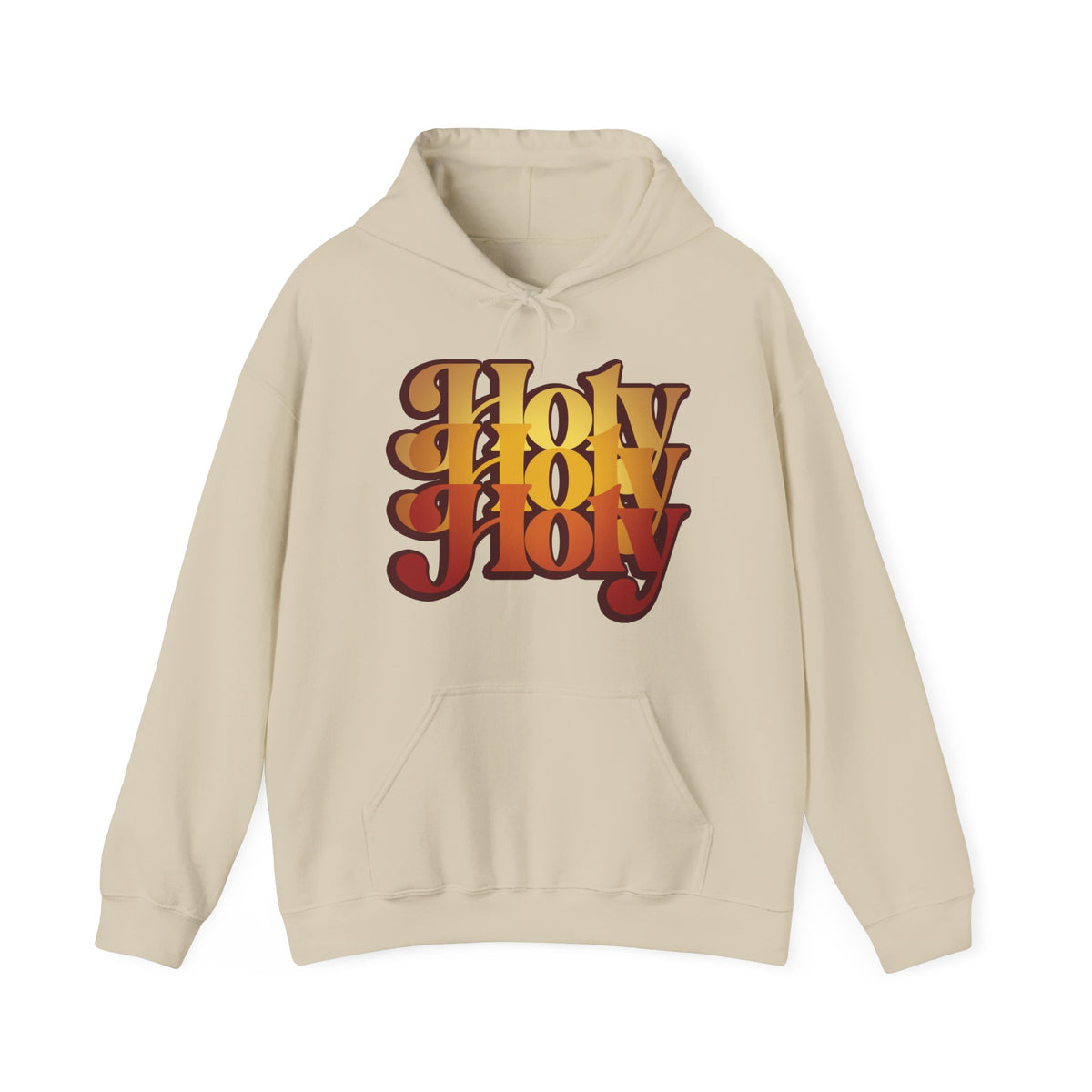 Sand-colored hoodie featuring bold red and yellow "Holy Holy Holy" text inspired by Isaiah 6:1-3; 70s retro Trisagion liturgical prayer design for Orthodox Christians.