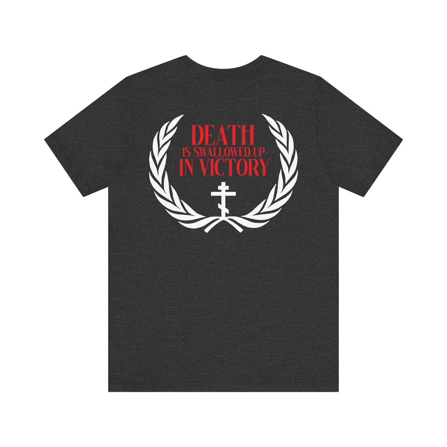 Archangel Michael of the Apocalypse Iconographic / Death is Swallowed Up In Victory DOUBLE-SIDED lightweight cotton unisex t-shirt features a black base, white laurel, cross, and “Death is swallowed up in victory” text—an inspiring nod to Revelation 12:7-9.