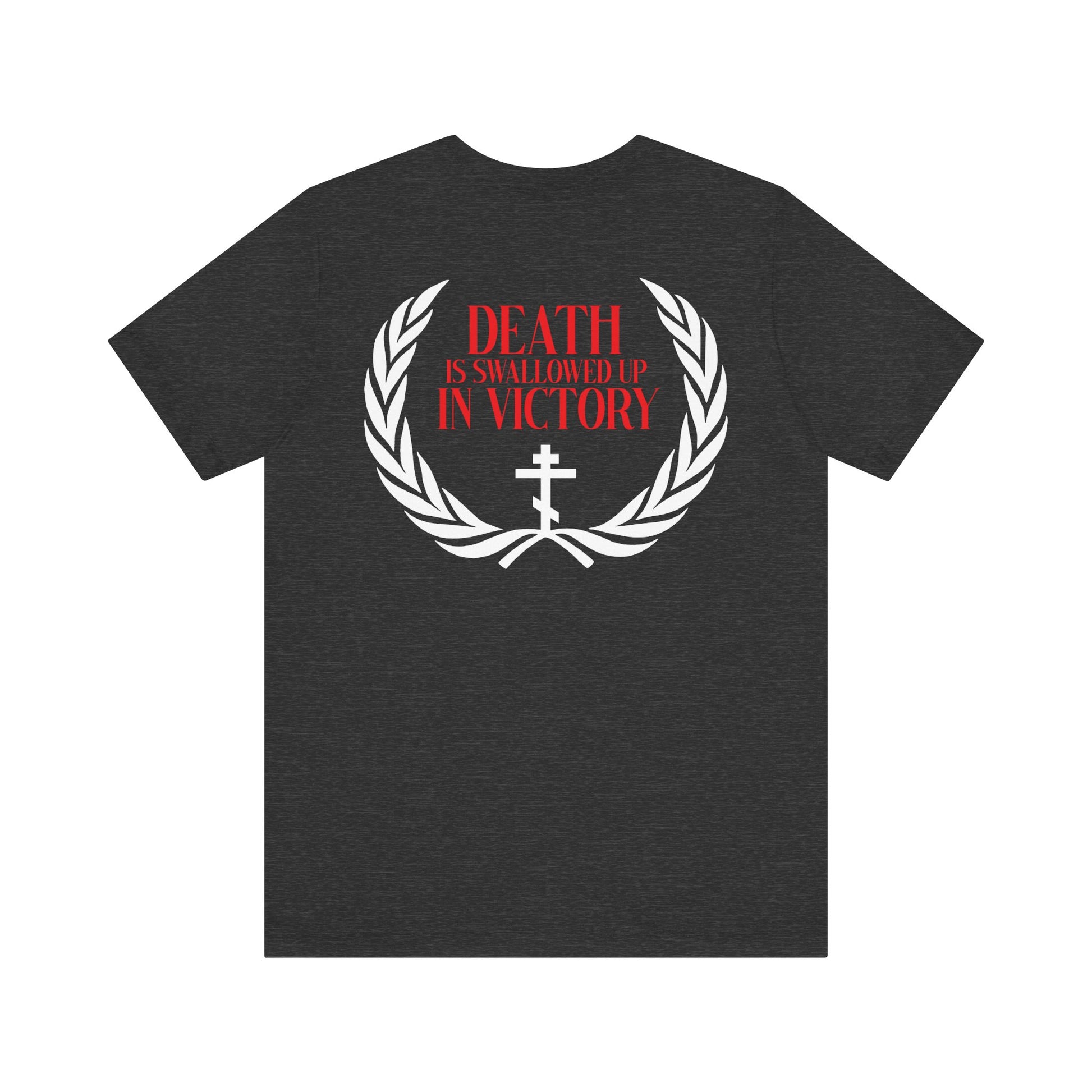 Archangel Michael of the Apocalypse Iconographic / Death is Swallowed Up In Victory DOUBLE-SIDED lightweight cotton unisex t-shirt features a black base, white laurel, cross, and “Death is swallowed up in victory” text—an inspiring nod to Revelation 12:7-9.