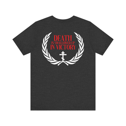 Archangel Michael of the Apocalypse Iconographic / Death is Swallowed Up In Victory DOUBLE-SIDED lightweight cotton unisex t-shirt features a black base, white laurel, cross, and “Death is swallowed up in victory” text—an inspiring nod to Revelation 12:7-9.