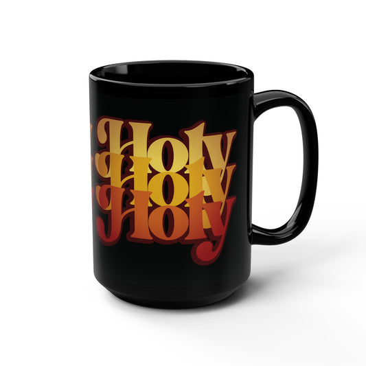 Black mug with “Holy Holy Holy” in 70s retro style inspired by Isaiah 6, featuring the Trisagion liturgical prayer—a tribute to the Cherubim & Seraphim. Perfect for Orthodox Christians.