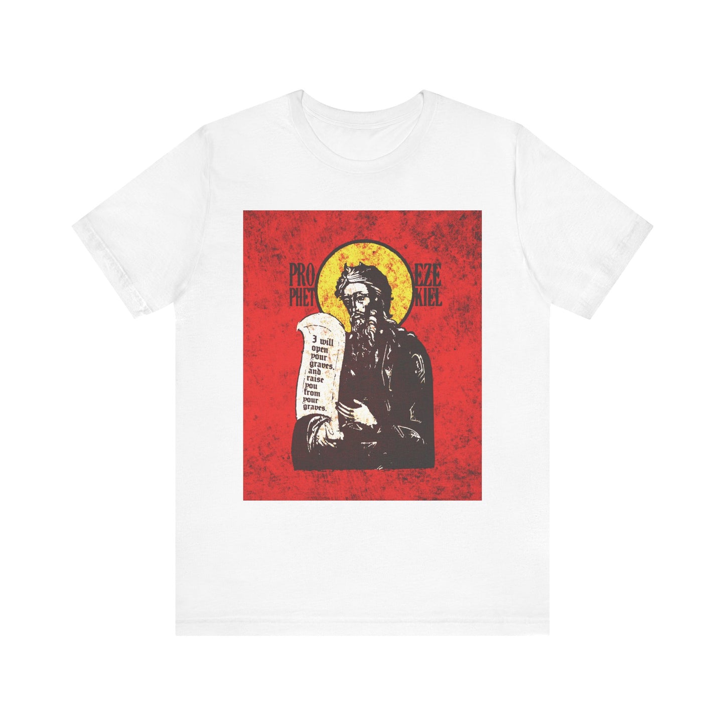 White cotton unisex tee featuring a high contrast, icon-style image of Prophet Ezekiel holding a scroll against a vibrant red and yellow background, inspired by the Old Testament moment when the Spirit of the Lord brings life to dry bones.
