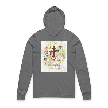 Preparing For Death | White & Beige Floral Scrapbook Texture Cross | Arts & Crafts Style | St Irenaeus | Orthodox Long Sleeve Hooded Shirt