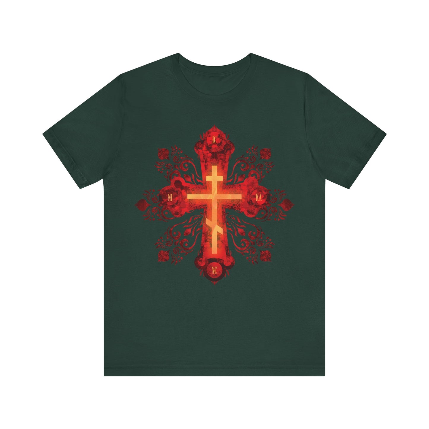 Forest green unisex cotton tee featuring a red and gold ornate Russian-style Orthodox cross design, inspired by “He was pierced for our transgressions”—a statement of faith and Christian heritage.