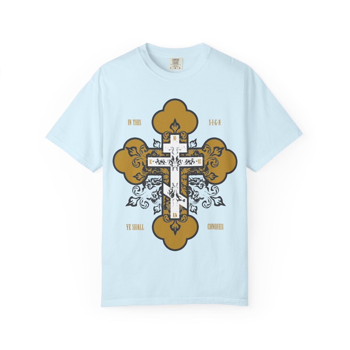 Chambray blue heavyweight cotton unisex tee featuring a gold and white Orthodox ornate cross and the text "In Hoc Signo Vinces." The "In This Sign Ye Shall Conquer" shirt is a meaningful statement piece inspired by faith.