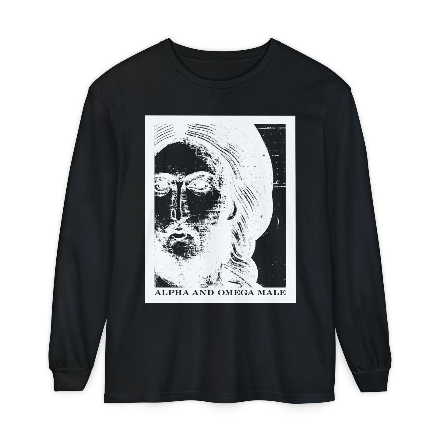 Black long-sleeve cotton shirt featuring an abstract, photonegative Jesus face and “Alpha & Omega Male” text—boldly showcasing “I am the Beginning & the End (Rev 22)” in striking white graphic.