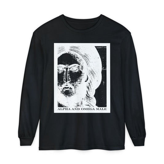 Black long-sleeve cotton shirt featuring an abstract, photonegative Jesus face and “Alpha & Omega Male” text—boldly showcasing “I am the Beginning & the End (Rev 22)” in striking white graphic.