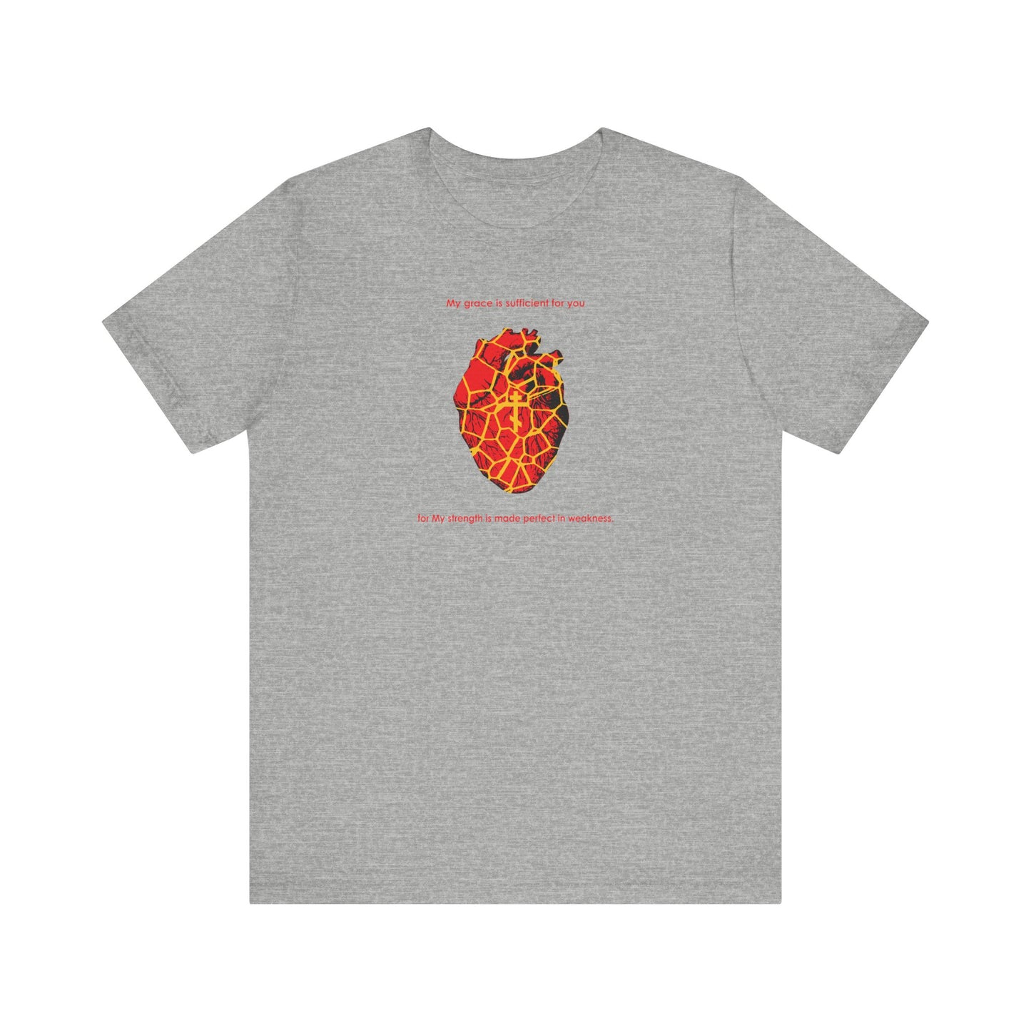 Athletic Heather tee featuring a gold Kintsugi-style broken heart, Orthodox cross, and "My Strength is Made Perfect in Weakness" (2 Cor 12:9), symbolizing beauty and strength in weakness. Lightweight cotton unisex fit.