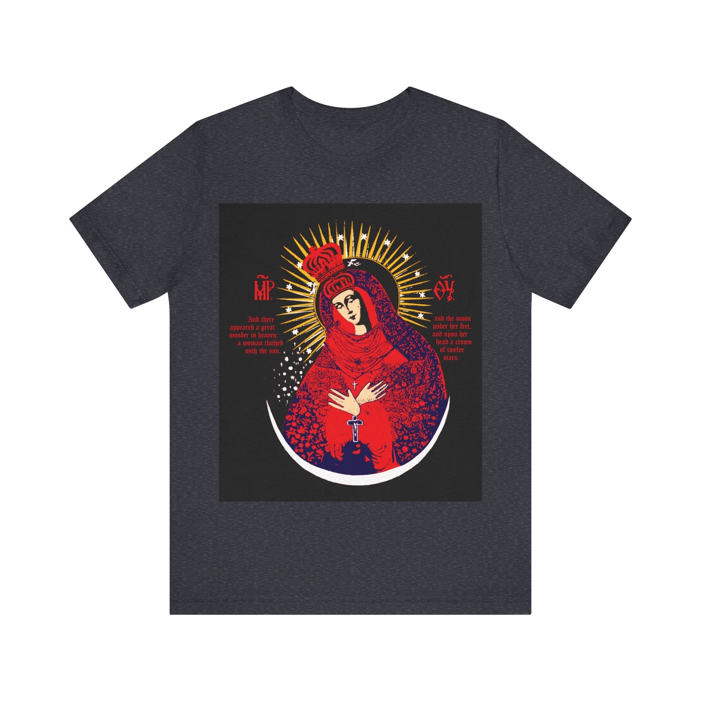 Heather Navy cotton t-shirt featuring Our Lady the Gate of Dawn Icono-Graphic—haloed woman in red, blue & gold, Theotokos Crowned, inspired by Vilnius icon art, Woman of the Apocalypse design.