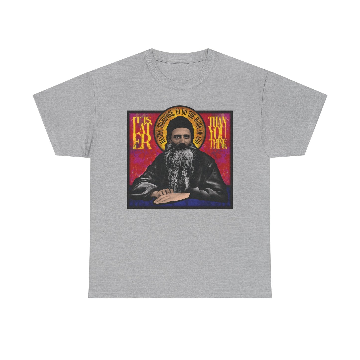 Sport Grey midweight cotton unisex T-shirt featuring a stained glass design of Fr. Seraphim Rose, an American Orthodox monastic saint, and the reminder “It’s later than you think,” reflecting on salvation and the Kingdom of Heaven.