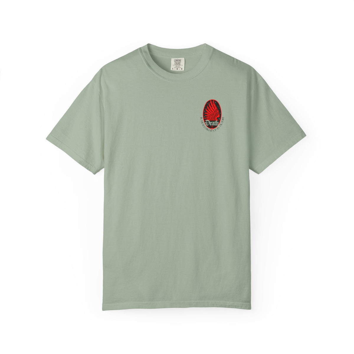 Bay Death is Swallowed Up In Victory t-shirt with a small red and black winged emblem and text.