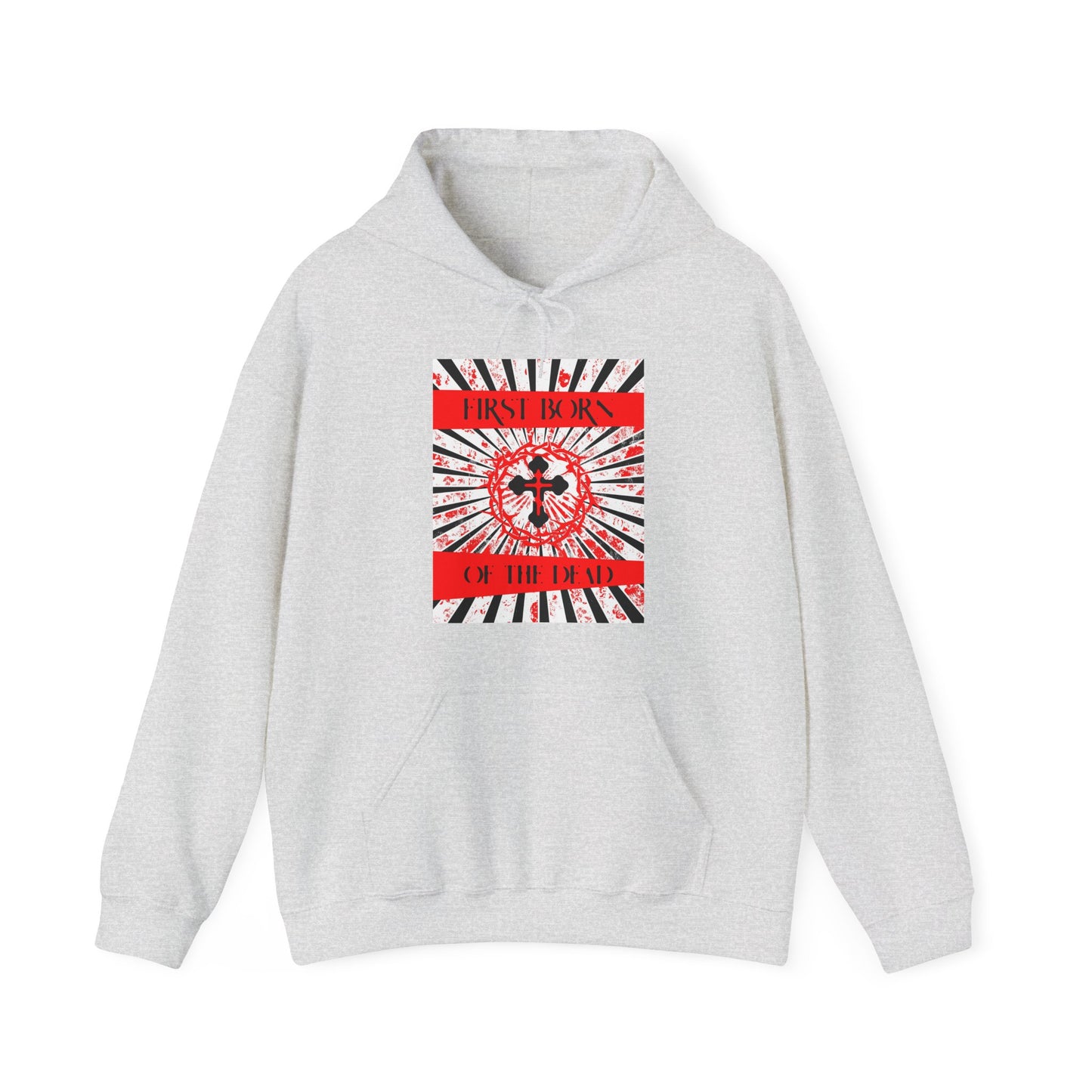 First Born of the Dead | Orthodox Cross and Crown of Thorns | Red White and Black Textured Design with Rays | Orthodox Christian Hoodie / Hooded Sweatshirt