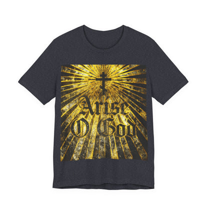 Heather navy T-shirt featuring "Arise O God" in textured Gothic font, an Orthodox cross with golden rays, inspired by Psalm 81 (82 LXX) and the Divine Council worldview—Orthodox Christian apparel.