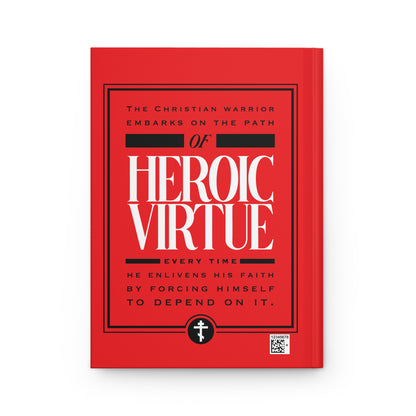 Red cover journal titled Christian Warrior | Path of Heroic Virtue | Ascetic Ethos, with faith-based design and Phil 4:13 quote—an inspiring devotional blank journal for perseverance on the Christian journey.