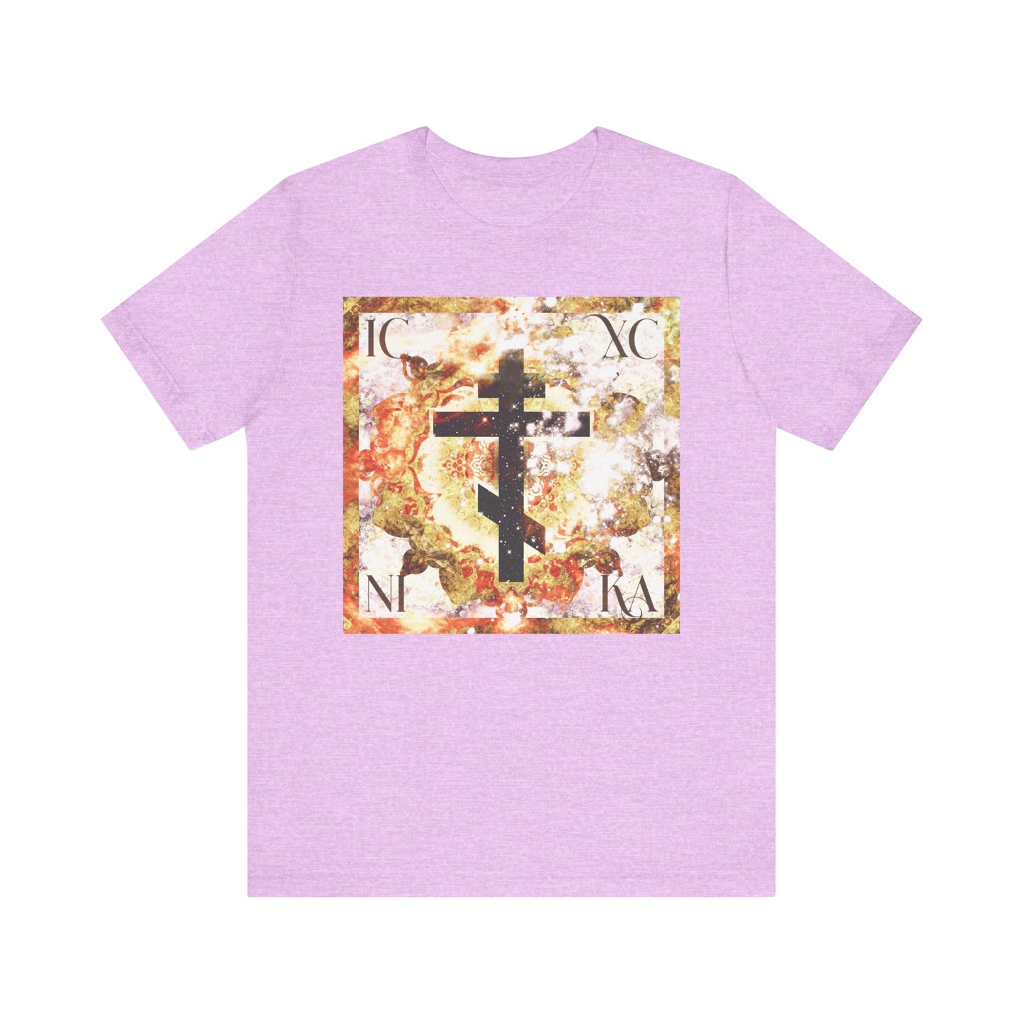 Heather Prism Lilac t-shirt featuring the ICXC NIKA Beige & Brown Textured Glowing Cosmic Art Cross, with Greek letters on a vibrant background—symbolizing the union of Divine and human nature in Christ’s Incarnation. Crafted from lightweight cotton, this unisex Orthodox Christian t-shirt blends faith-inspired art with comfort.
