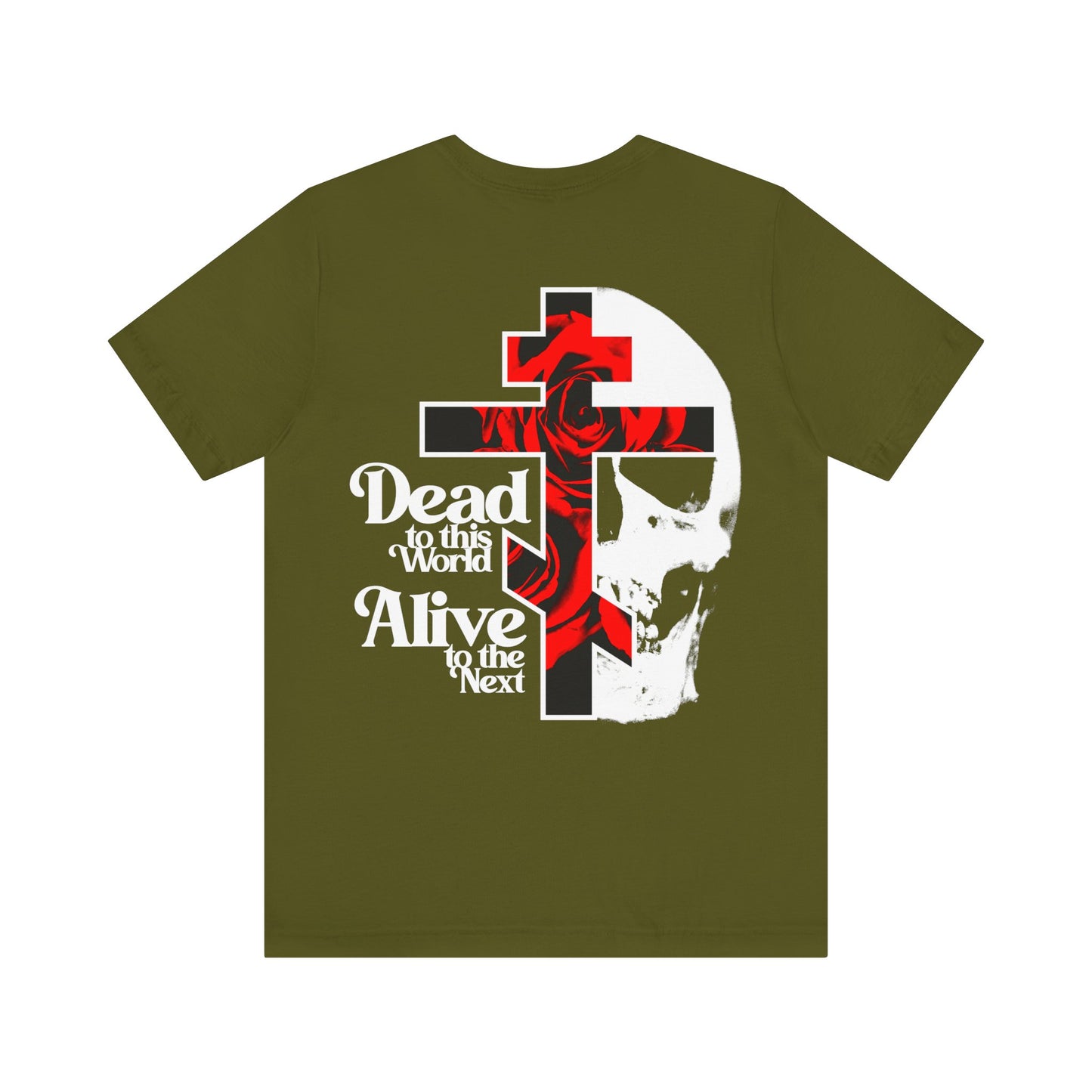 BACK PRINT 2-Sided w/ Branded Front | Dead to this World | Christian Goth Flower Cross & Skull | 70s Typography | Orthodox Christian T-Shirt