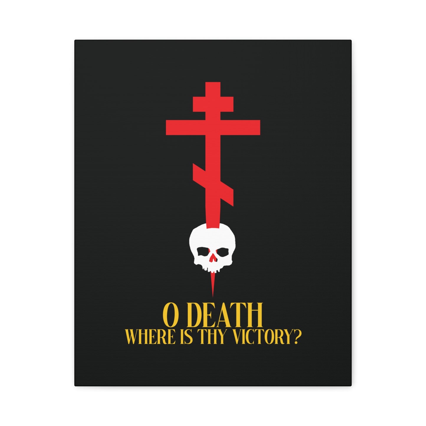 O Death Where is Thy Victory? (1 Corinthians 15:55) | Cross Stabbing Skull | Yellow Text | Orthodox Christian Canvas Art