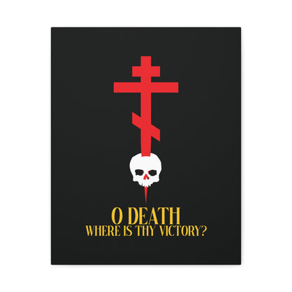 O Death Where is Thy Victory? (1 Corinthians 15:55) | Cross Stabbing Skull | Yellow Text | Orthodox Christian Canvas Art